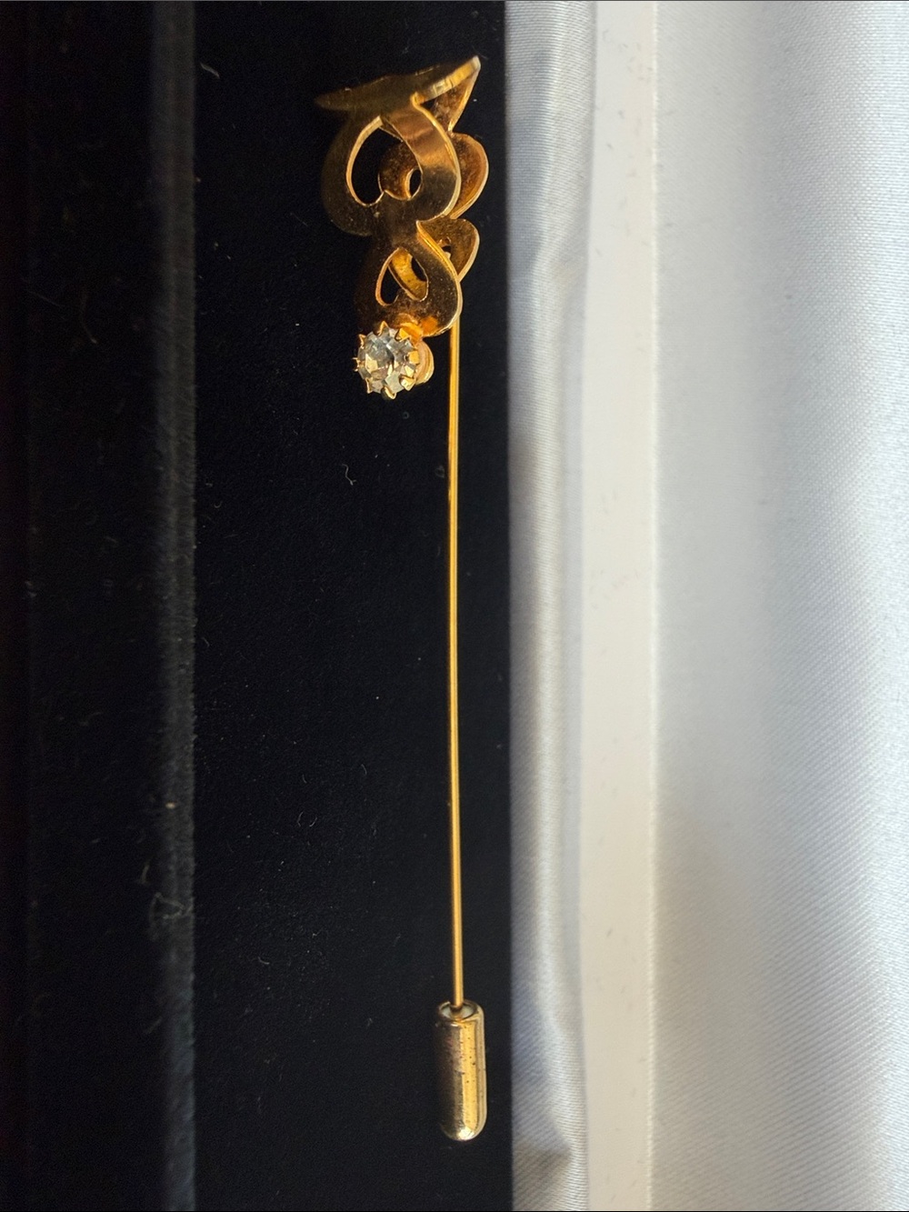 Gold Filigree Stick Brooch with Clear Crystal Accent